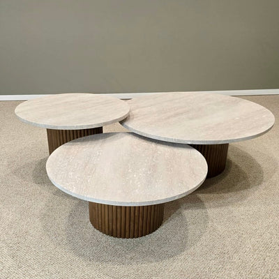 TRIO TABLE BASSE TRAVERTIN & BOIS SELENA